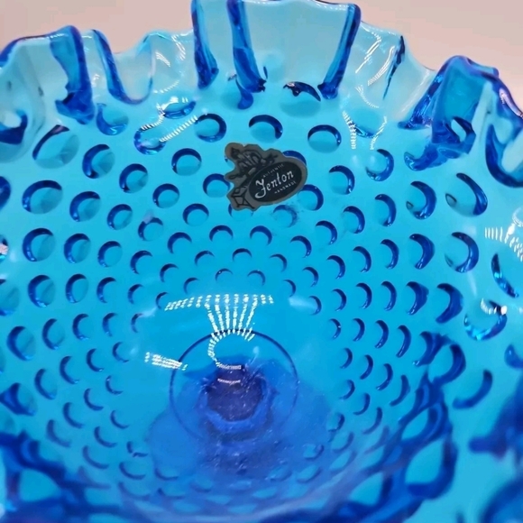FENTON Ruffled Hobnail Footed Blue Glass Dish. Original Sticker. 6"H X 5"D - Picture 3 of 11